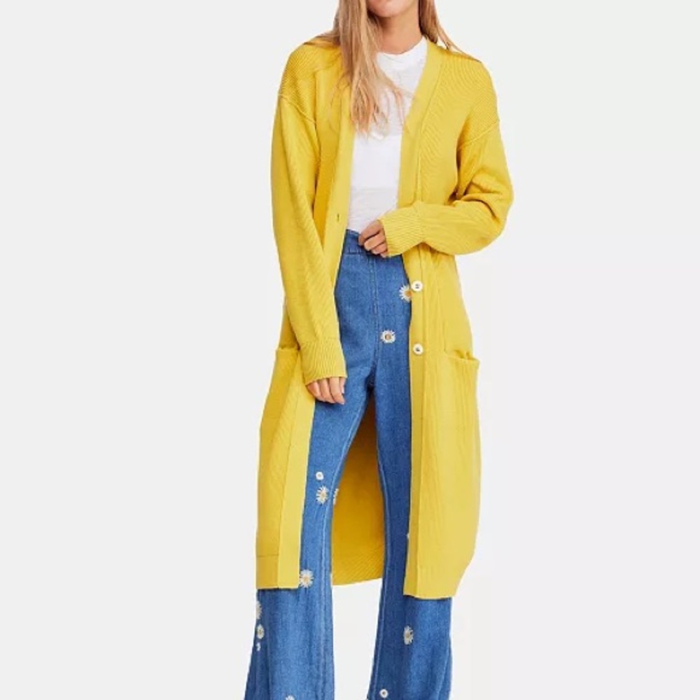 Free People Run to you Cardigan Duster Sweater Yellow Knit Warm Coat